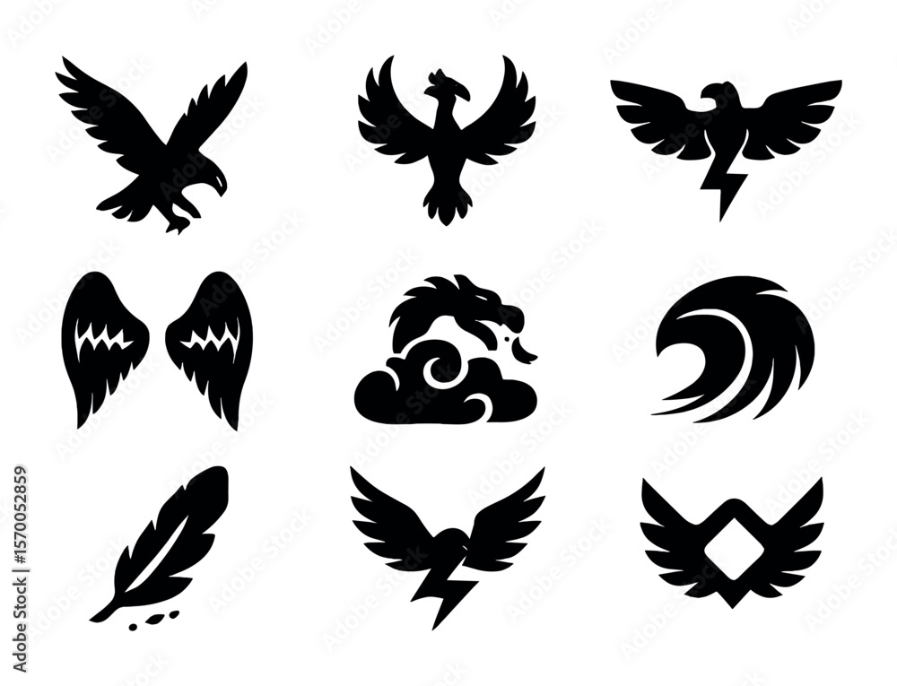 Obraz premium Sky Creatures Icons. Solid, filled icons set of creatures of the sky: soaring eagle, phoenix, thunderbird,