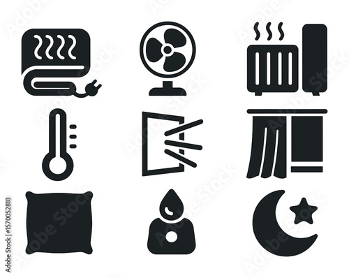 Bedroom Climate Icons. Solid, filled icons set of bedroom climate settings: electric blanket, bedside fan,