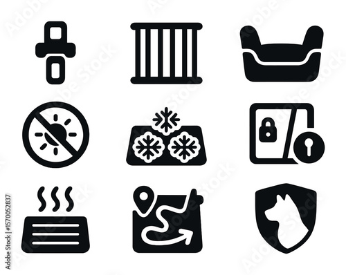 Pet Travel Icons. Solid, filled icons set of pet-safe car travel: seatbelt clip, window guard, booster seat,