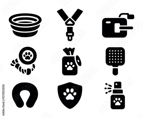 Pet Travel Essentials Icons. Solid, filled icons set of pet travel accessories: collapsible bowl, seatbelt