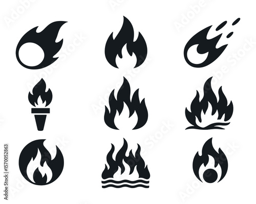 Elemental Fire Icons. Solid, filled icons set of elemental fire icons: fireball, blaze icon, spark trail,