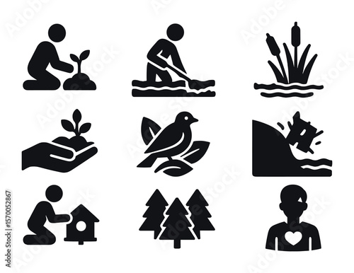 Ecological Restoration Icons. Solid, filled icons set of ecological restoration: sapling planting, river