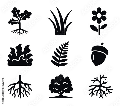 Native Plant Icons. Solid, filled icons set of native plant ecosystems: oak sapling, prairie grass, wildflower