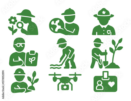 Green Workforce Icons. Solid, filled icons set of green workforce action: field ecologist, conservationist,