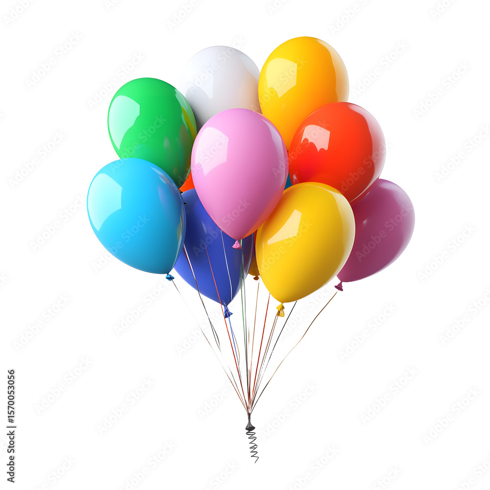 A vibrant cluster of multicolored balloons tied together with strings isolated on transparent background A vibrant cluster of multicolored balloons tied together with strings isolated on transparent background