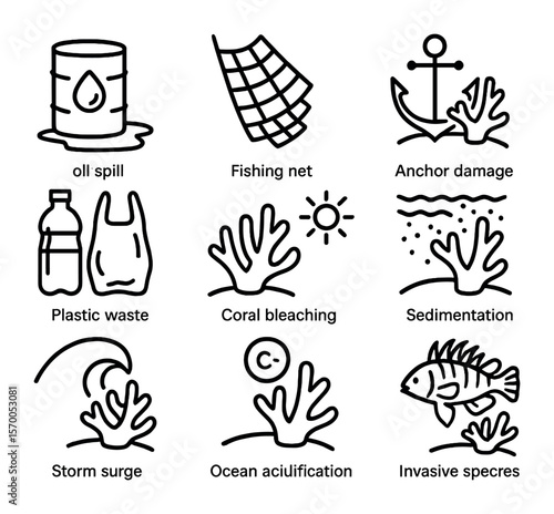 Coral Reef Threat Icons. Outline icon set of threats to coral reefs: oil spill, fishing net, anchor damage,