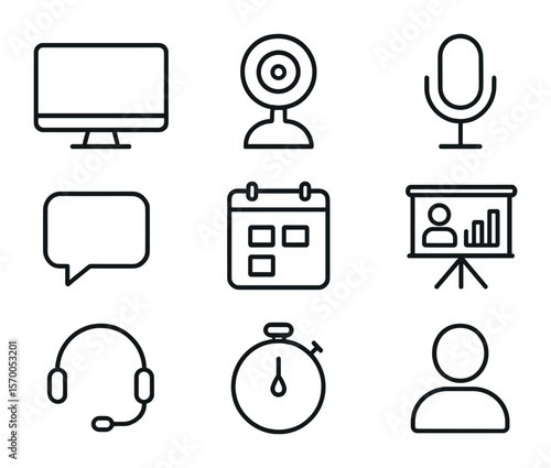 Virtual Events Icons. Outline icon set of virtual events platforms: computer screen, webcam, microphone, chat