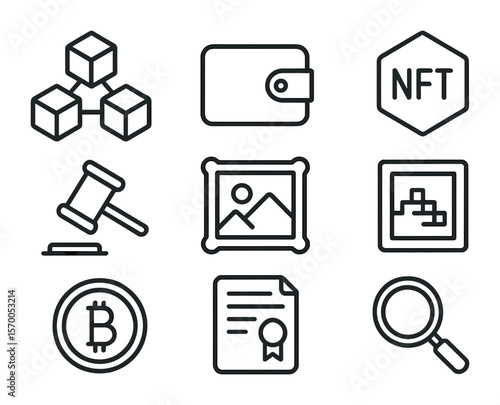 NFT Icon Collection. Outline icon set of digital art collectibles and NFTs: blockchain, digital wallet, NFT