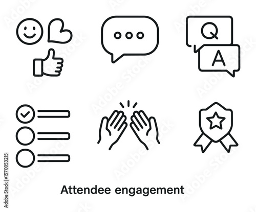 Virtual Engagement Icons. Outline icon set of attendee engagement: emoji reactions, live chat, Q&A box, poll