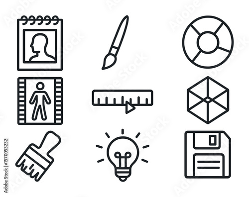 Digital Art Icons. Outline icon set of digital art creation process: sketchpad, paintbrush, color wheel,