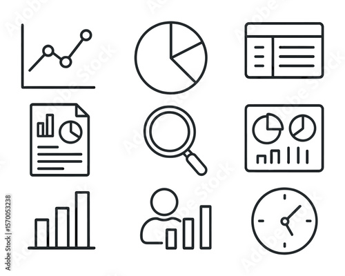 Virtual Event Analysis Icons. Outline icon set of virtual event analytics: graph chart, pie chart, data sheet,