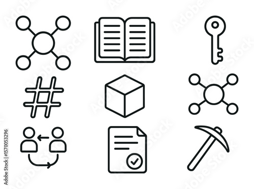 Blockchain Icon Set. Outline icon set of blockchain technology: distributed nodes, ledger, cryptographic key,