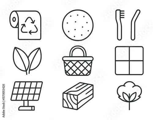 Eco-Friendly Materials Icons. Outline icon set of environmentally friendly materials: recycled paper roll,