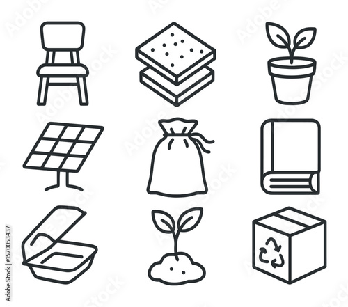 Eco-Friendly Icon Set. Outline icon set of environmentally safe design: wooden furniture, cork flooring, plant