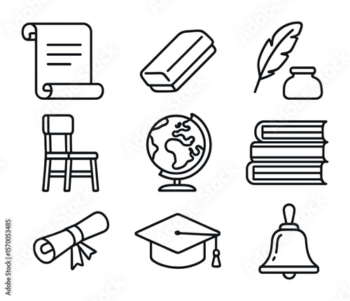School History Icons. Outline icon set of schooling history: papyrus scroll, chalkboard eraser, feather pen,