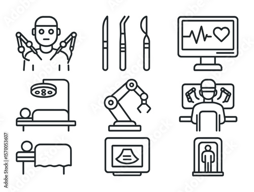 Medical Robotics Icons. Outline icon set of medical robotics: robot surgeon, surgical tools, monitor with