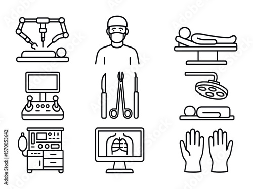 Robotic Surgery Icons. Outline icon set of robot-guided surgery: robotic surgical arms, surgeon, patient,
