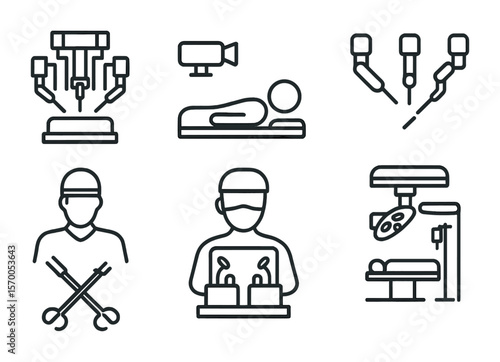 Surgical Icon Set. Outline icon set of minimally invasive surgery: surgical robot, camera, robotic arms,
