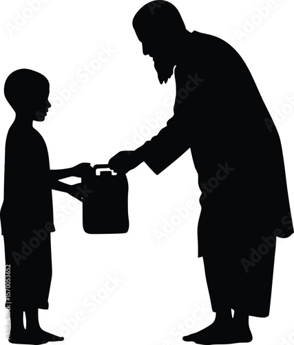 Boy Offering Water to Tired Man Silhouette, Humanitarian Islamic Kindness Concept