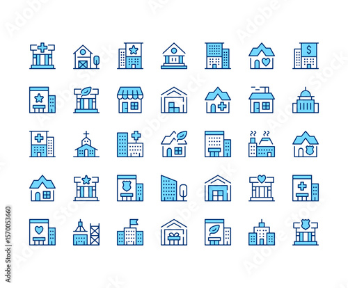 Buildings icons. Vector line icon set. Modern outline design. Blue concept