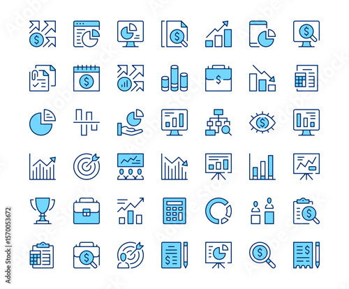 Financial analysis icons. Vector line icon set. Modern outline design. Blue concept