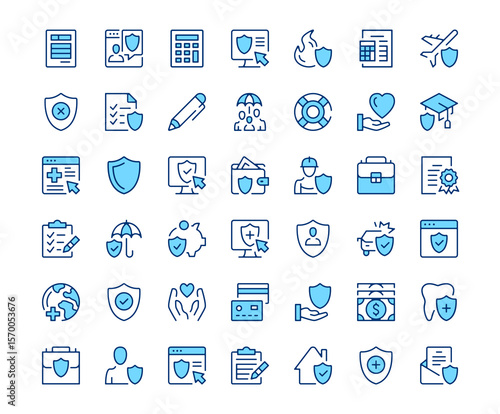Insurance icons. Vector line icon set. Modern outline design. Blue concept