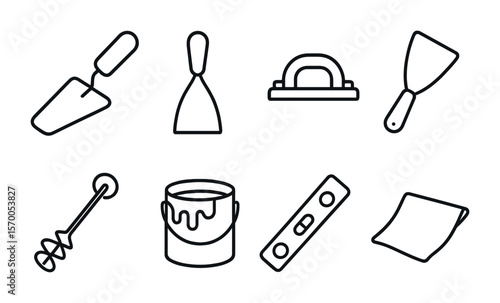 Wall Treatment Tools. Outline vector icons of wall treatment tools: trowel, putty knife, sanding block,
