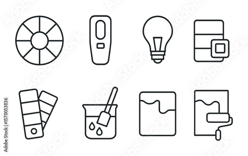 Color Matching Icons. Outline vector icons of color matching: color wheel, digital scanner, paint chip, light