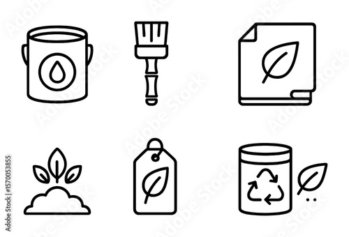 Eco-Friendly Painting Icons. Outline vector icons of eco-friendly painting: low-VOC paint, bamboo brush,