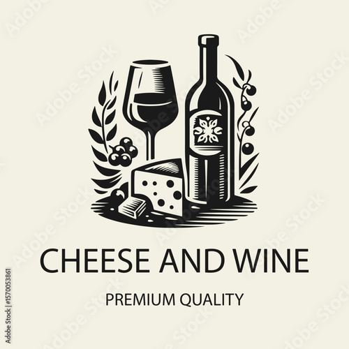 Black and white flat vector logo featuring a piece of cheese and a wine glass. Minimalist design perfect for wine shops, cheese labels, restaurants, and gourmet branding.