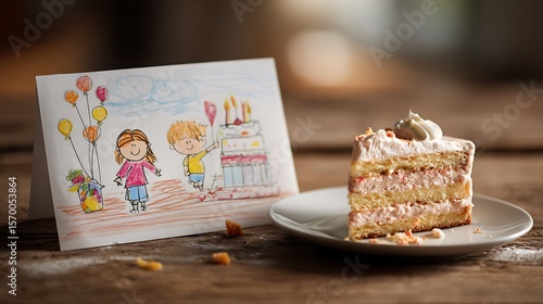 A slice of cake and a child's drawing of a birthday party on a wooden surface indoors