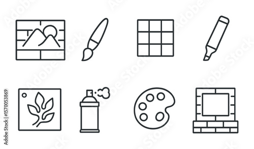 Outline Mural Icons. Outline vector icons of artistic wall painting: mural design, detail brush, sketch grid,