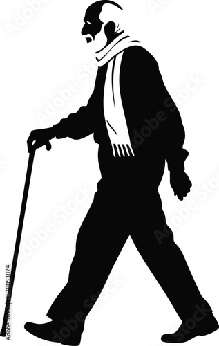 Elderly Man Walking with Stick Silhouette, Old Age and Wisdom Concept Vector