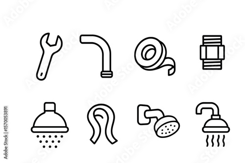 Shower Installation Icons. Outline vector icons of shower head installation: wrench, shower arm, teflon tape,