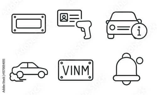 Vehicle Registration Icons. Outline vector icons of vehicle registration: license plate, registration card,