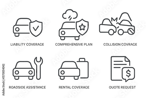 Insurance Icons Set. Outline vector icons of driver’s insurance options: liability plan, comprehensive plan,