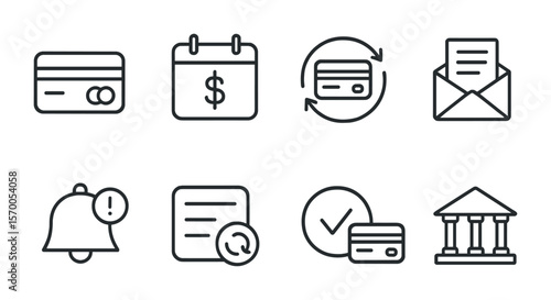 Payment Process Icons. Outline vector icons of premium payment process: credit card, billing calendar, auto