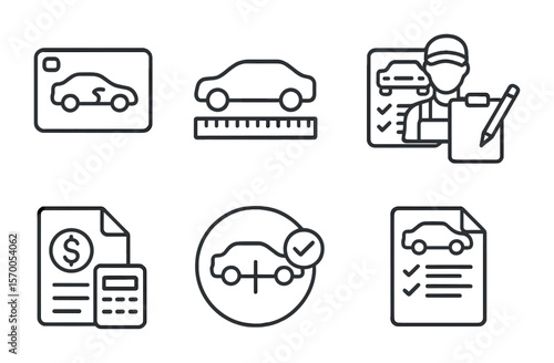 Vehicle Damage Icons. Outline vector icons of vehicle damage assessment: dent photo, damage scale, parts