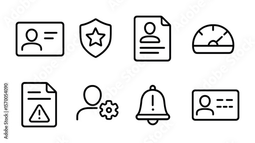 Driver Profile Icons. Outline vector icons of driver profile and history: license photo, safe driver badge,