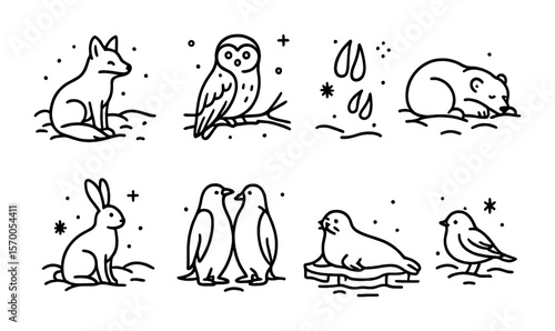 Snowy Animal Icons. Outline vector icons of animals in snowy calm settings: fox in snow, owl on branch, deer
