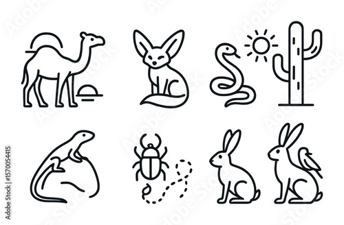 Desert Creature Icons. Outline vector icons of desert creatures in peace: camel at dusk, fennec fox, lizard on