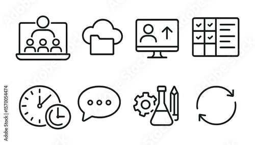 Remote Team Icons. Outline vector icons of remote research teams: video meeting, cloud storage, shared screen,
