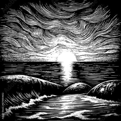 Vector design of a serene sunset over rocky shores for artistic and coastal themes
