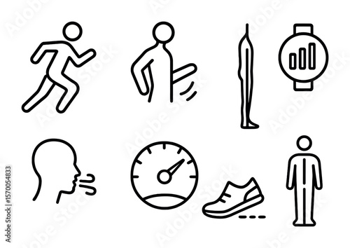 Running Technique Icons. Outline vector icons of running technique and form: stride icon, arm swing, posture