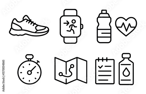 Runner Training Icons. Outline vector icons of a runner training for a race: running shoes, pace tracker,