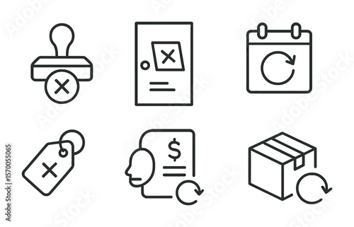 Delivery Icons Set. Outline vector icons of failed delivery and returns: failed stamp, missed note, return