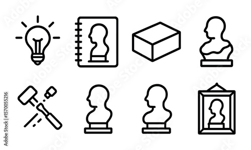 Creative Sculpting Icons. Outline vector icons of creative sculpting process: idea bulb, sketchbook, material