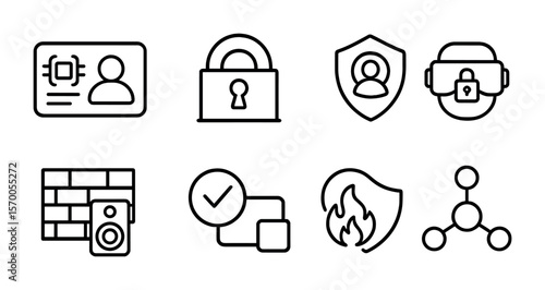 Metaverse Security Icons. Outline vector icons of security and access in metaverse workspaces: login chip,