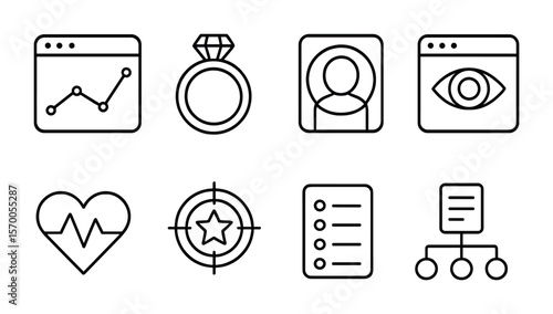 Virtual Performance Icons. Outline vector icons of performance tracking in virtual space: analytics graph,