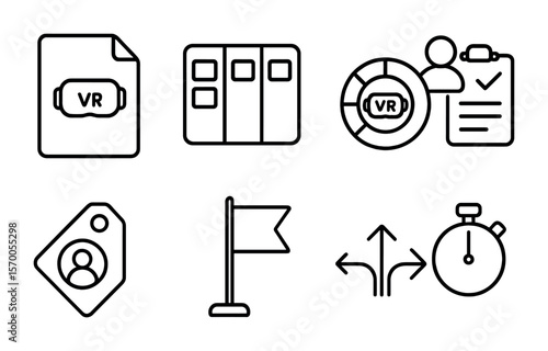 VR Task Management Icons. Outline vector icons of task and project management in VR: project file, kanban